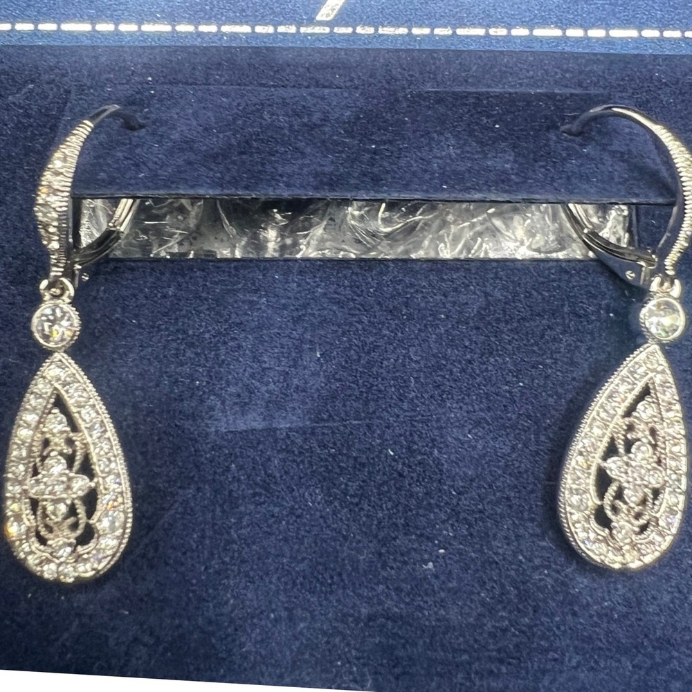 CZ Earrings Floral Halo Lever Back Hook Silver Tone Napoli 1.25"